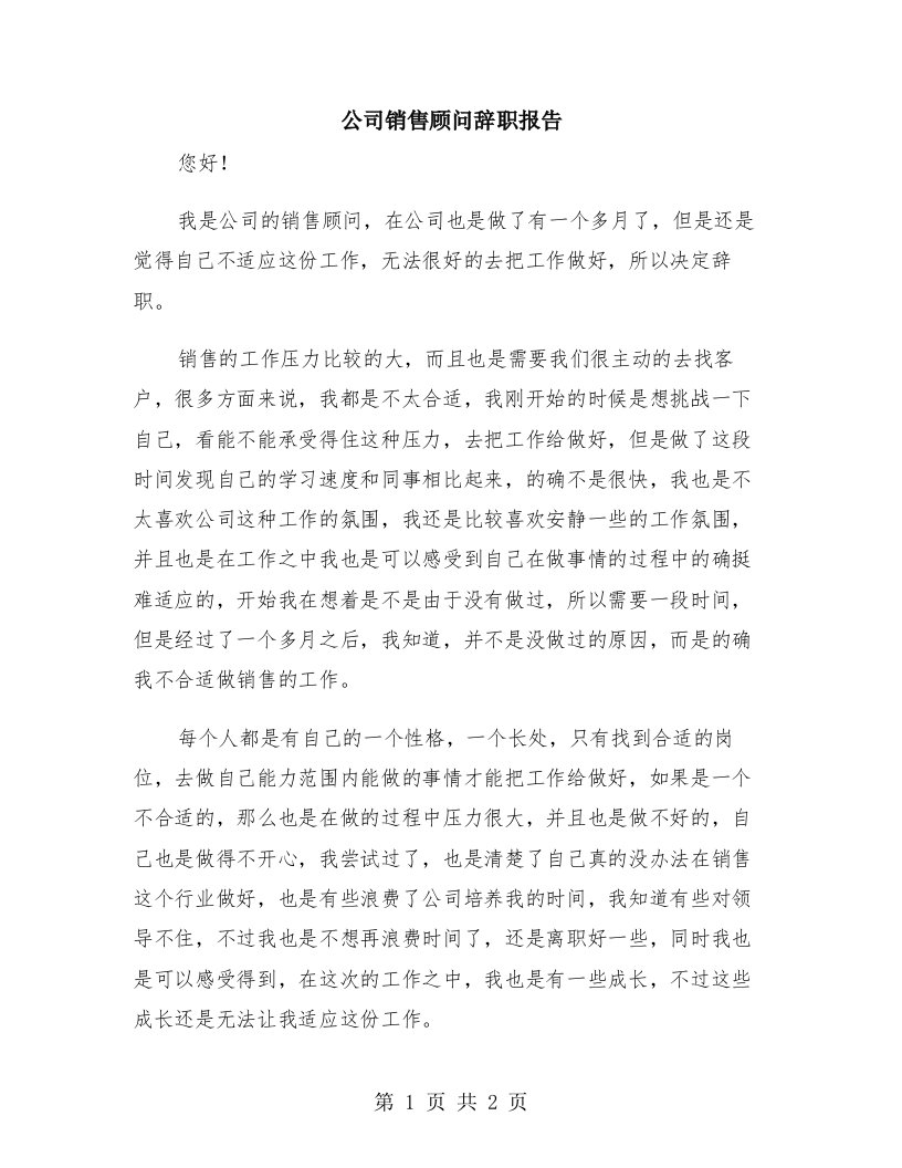 公司销售顾问辞职报告