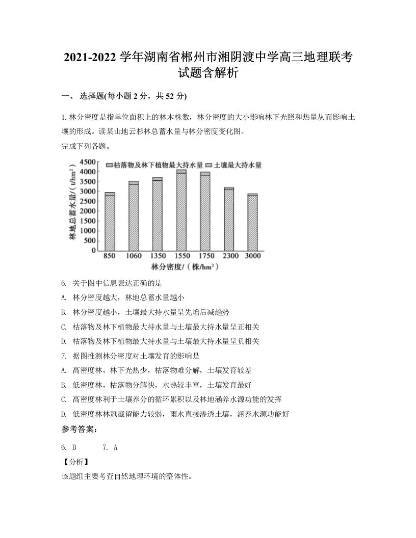 2021-2022学年湖南省郴州市湘阴渡中学高三地理联考试题含解析