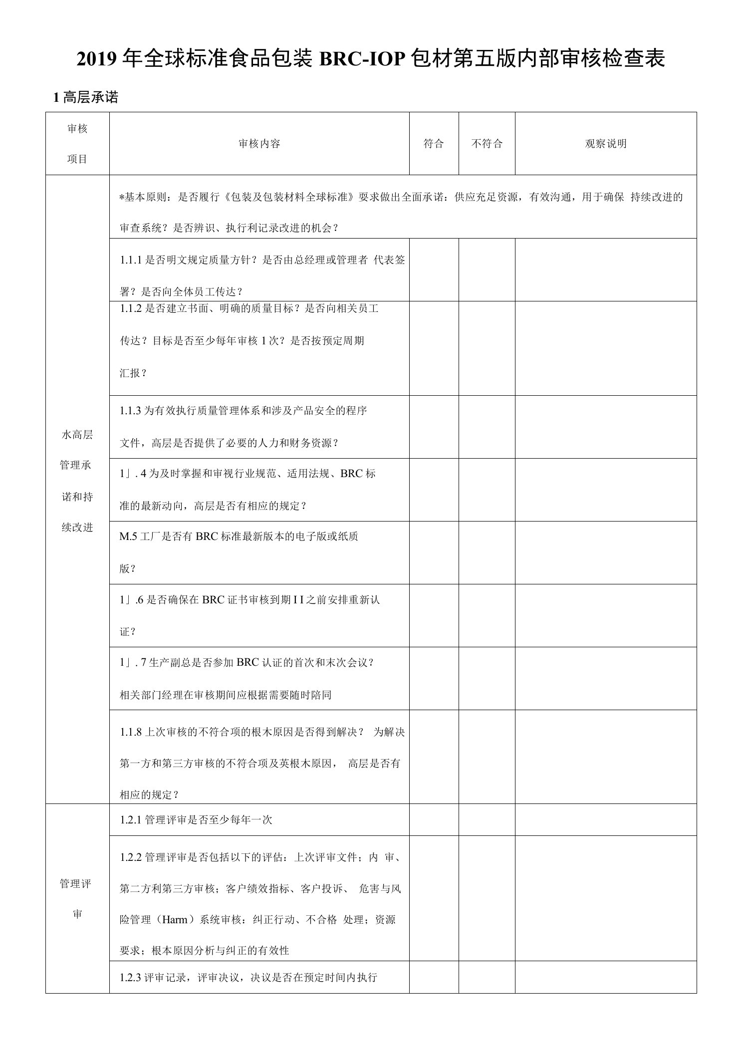 2019年全球标准食品包装BRC-IOP包材第五版内部审核检查表