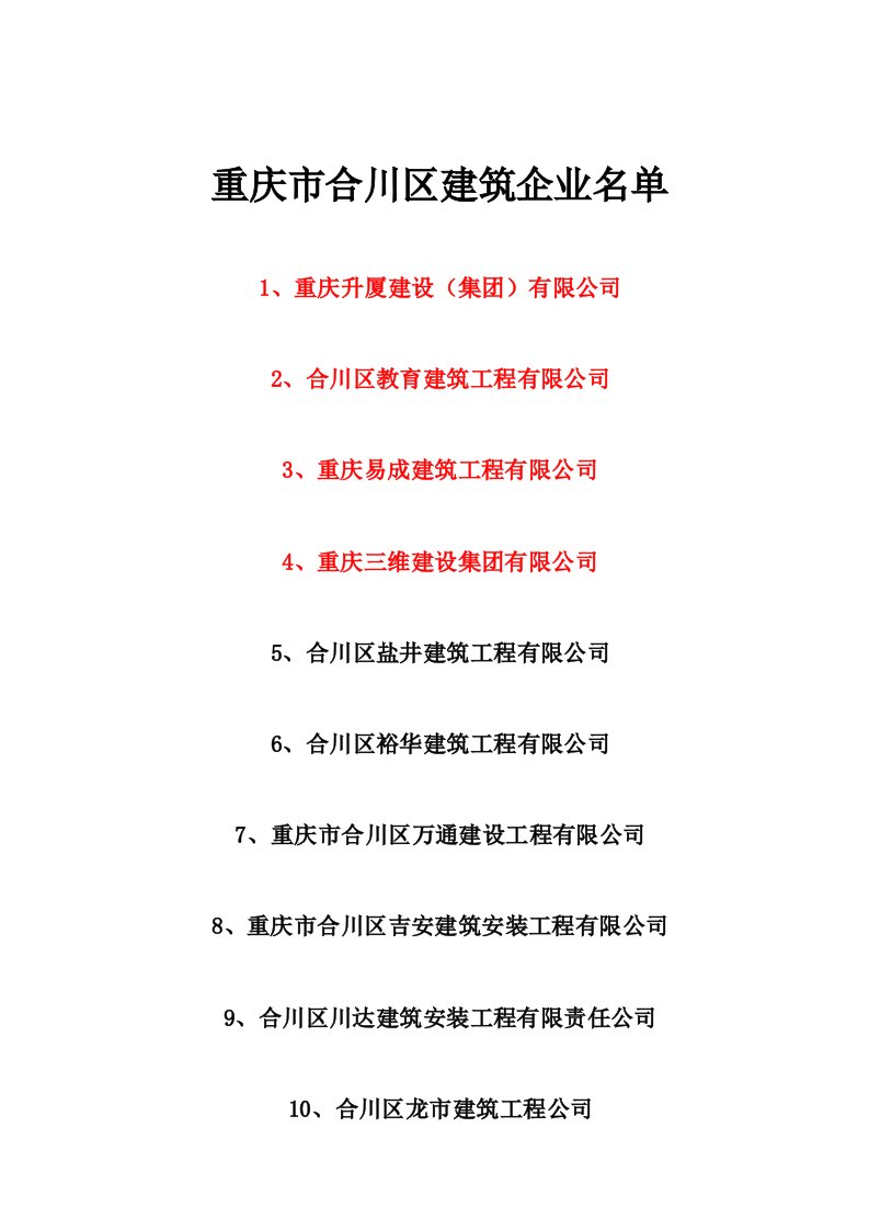 重庆市合川区建筑企业名单