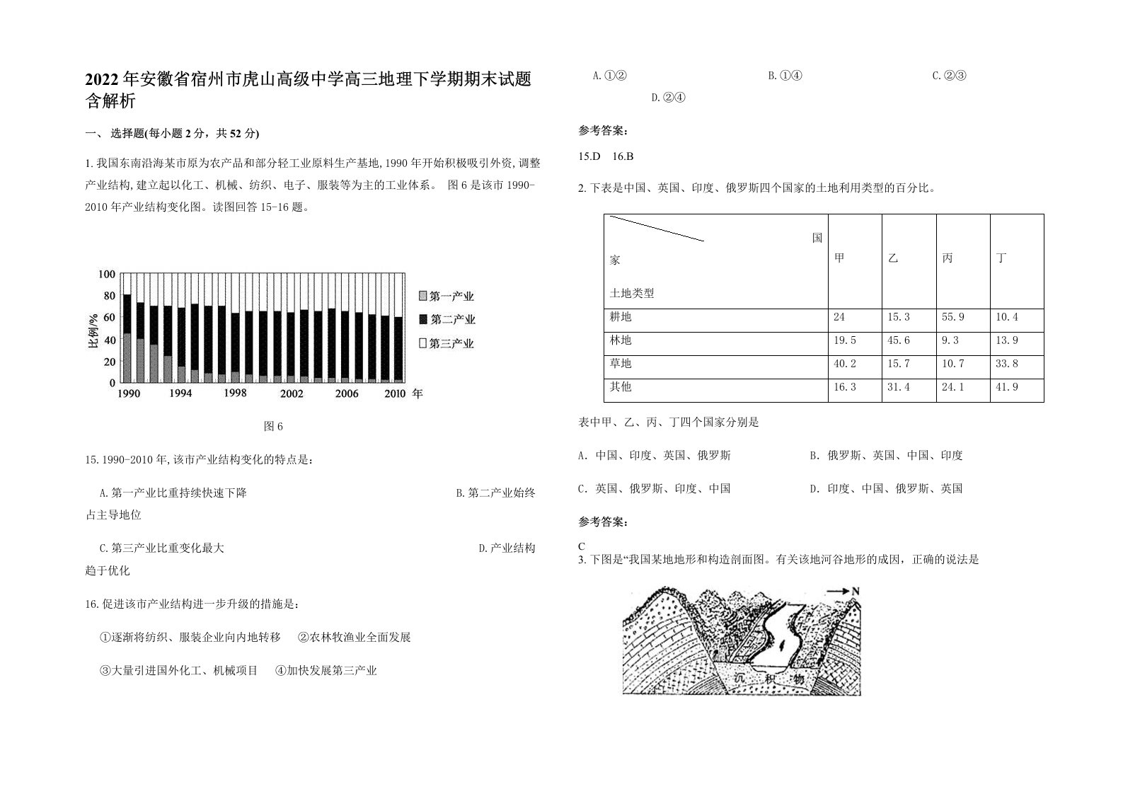 2022年安徽省宿州市虎山高级中学高三地理下学期期末试题含解析