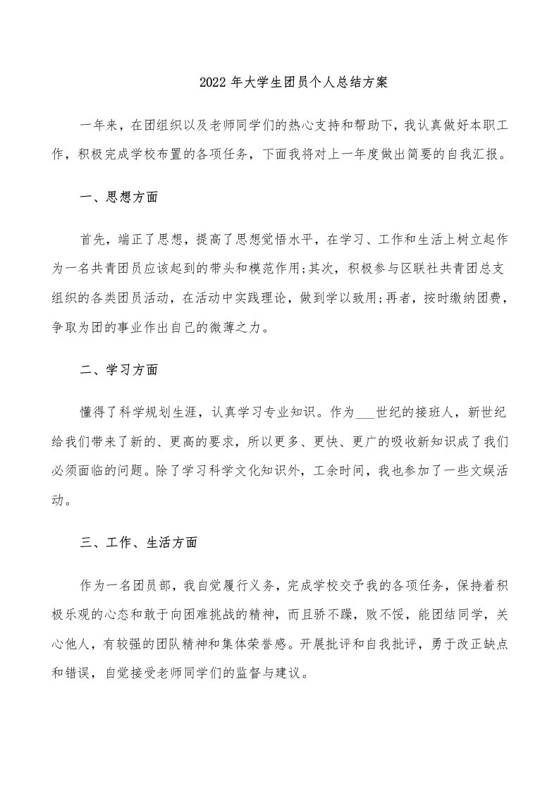 2022年大学生团员个人总结方案