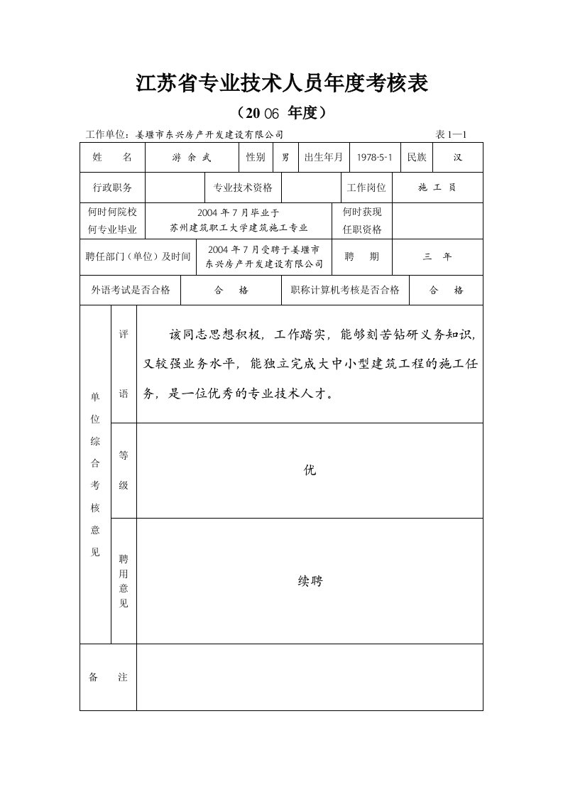 江苏省专业技术人员年度考核表