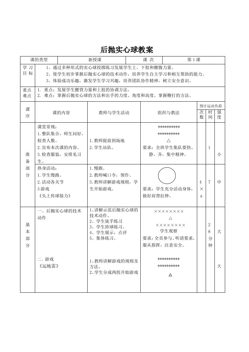 九年级上册体育与健康后抛实心球教案（表格式）