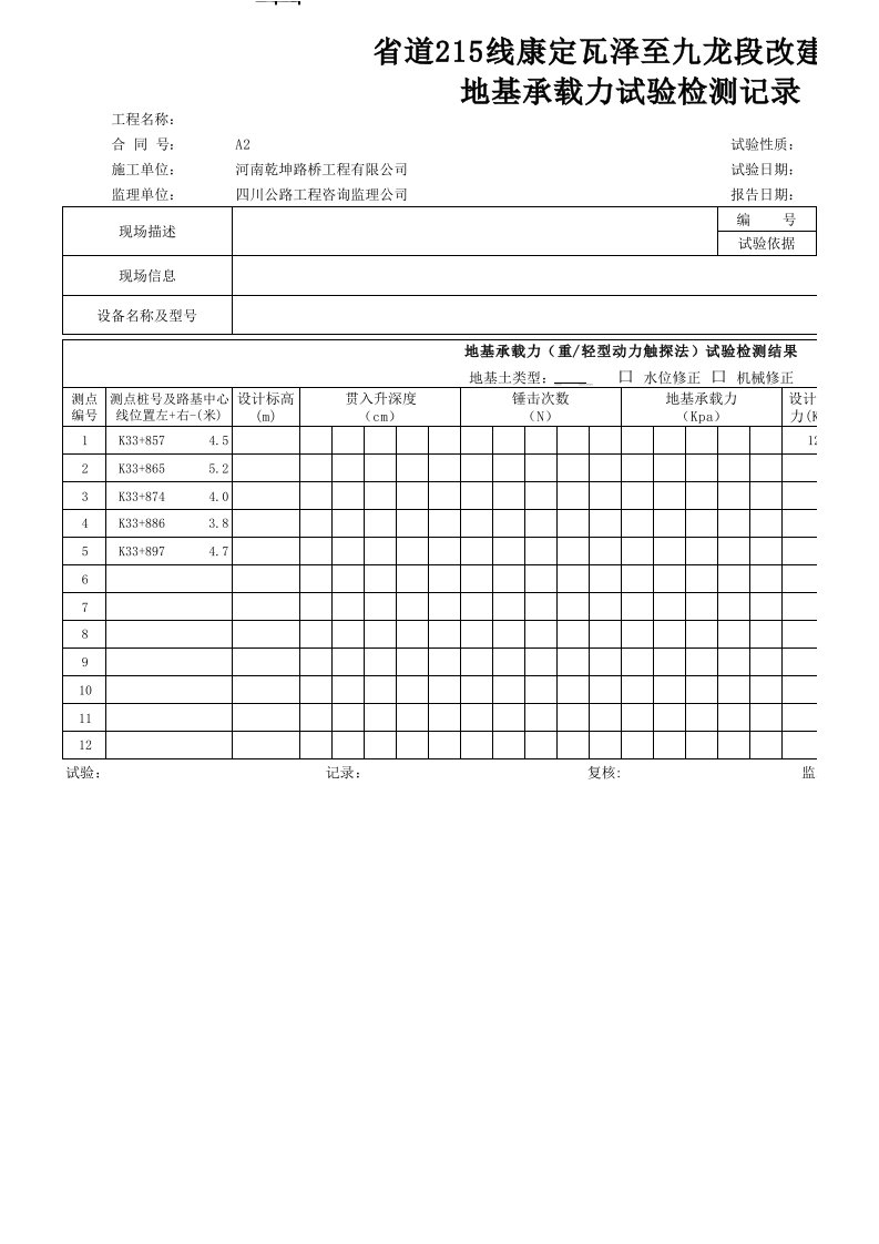 地基承载力试验记录及报告标准表格