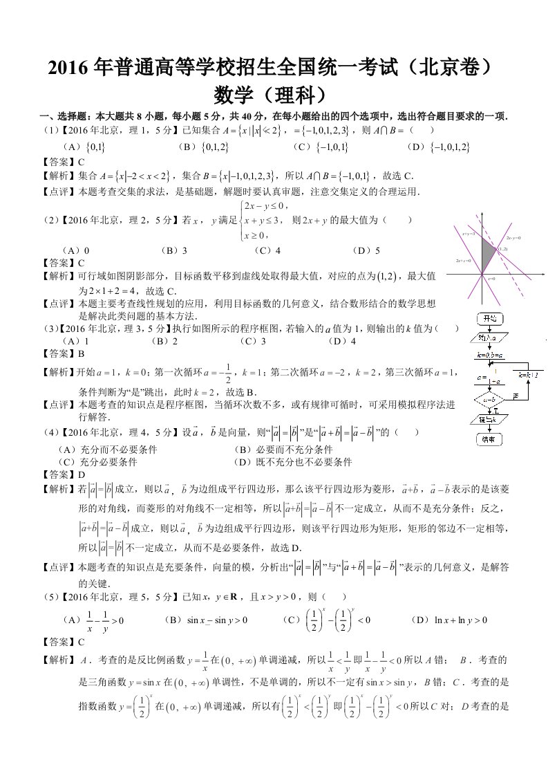 2016年高考北京理科数学试题及答案(word解析版)