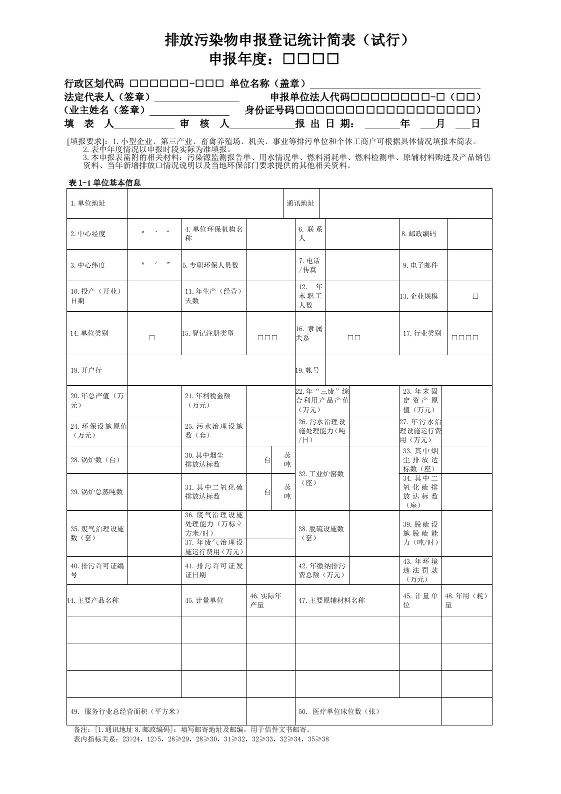 排放污染物申报登记统计简表（试行）