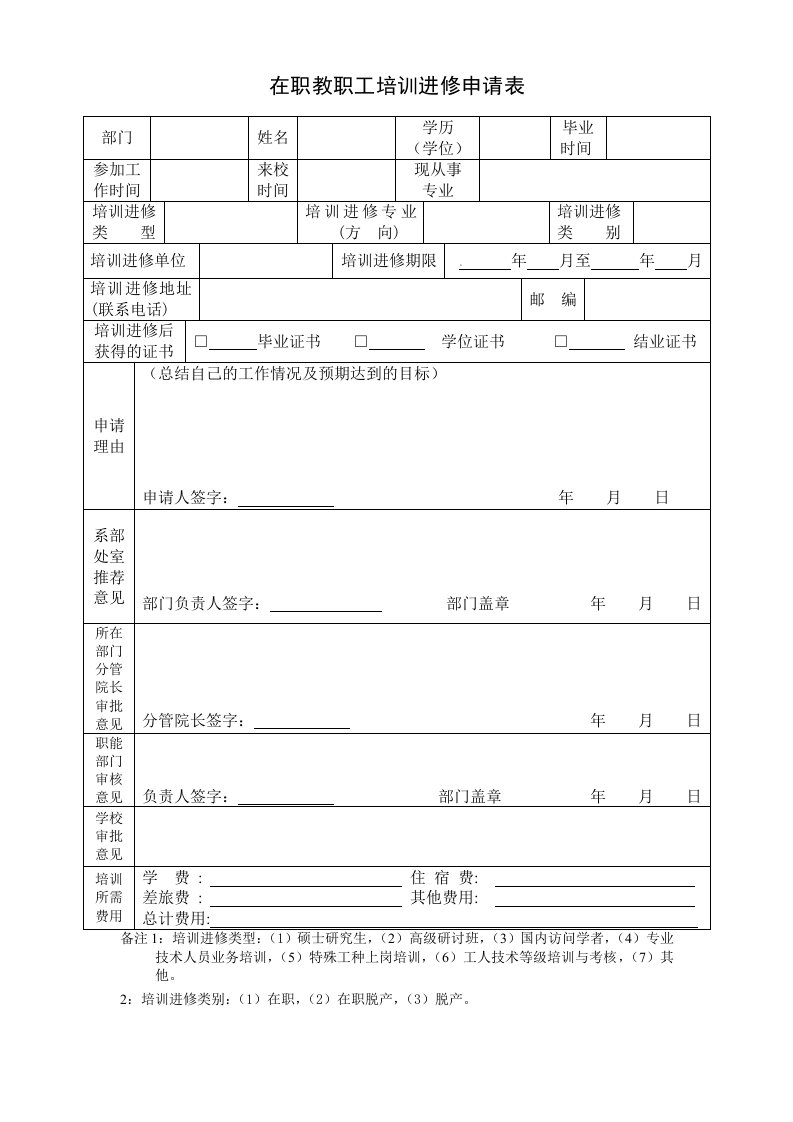 在职教职工培训进修申请表