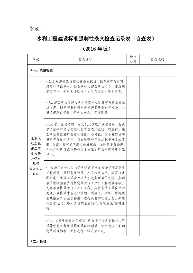 水利工程建设标准强制性条文检查记录表(自查表)