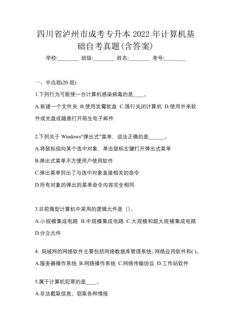 四川省泸州市成考专升本2022年计算机基础自考真题含答案