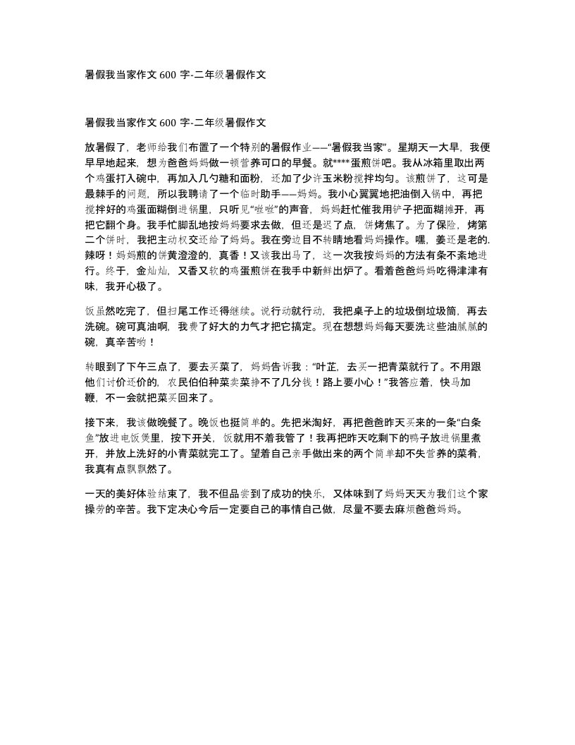 暑假我当家作文600字-二年级暑假作文