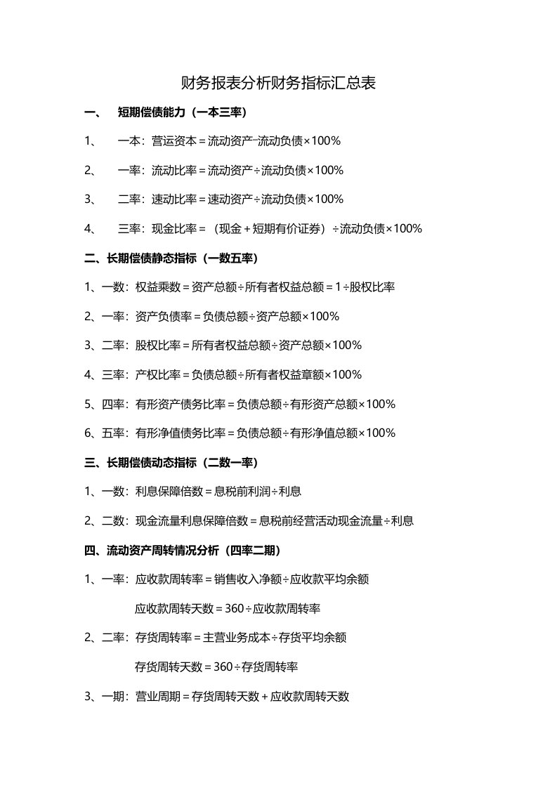 财务报表分析财务指标汇总表