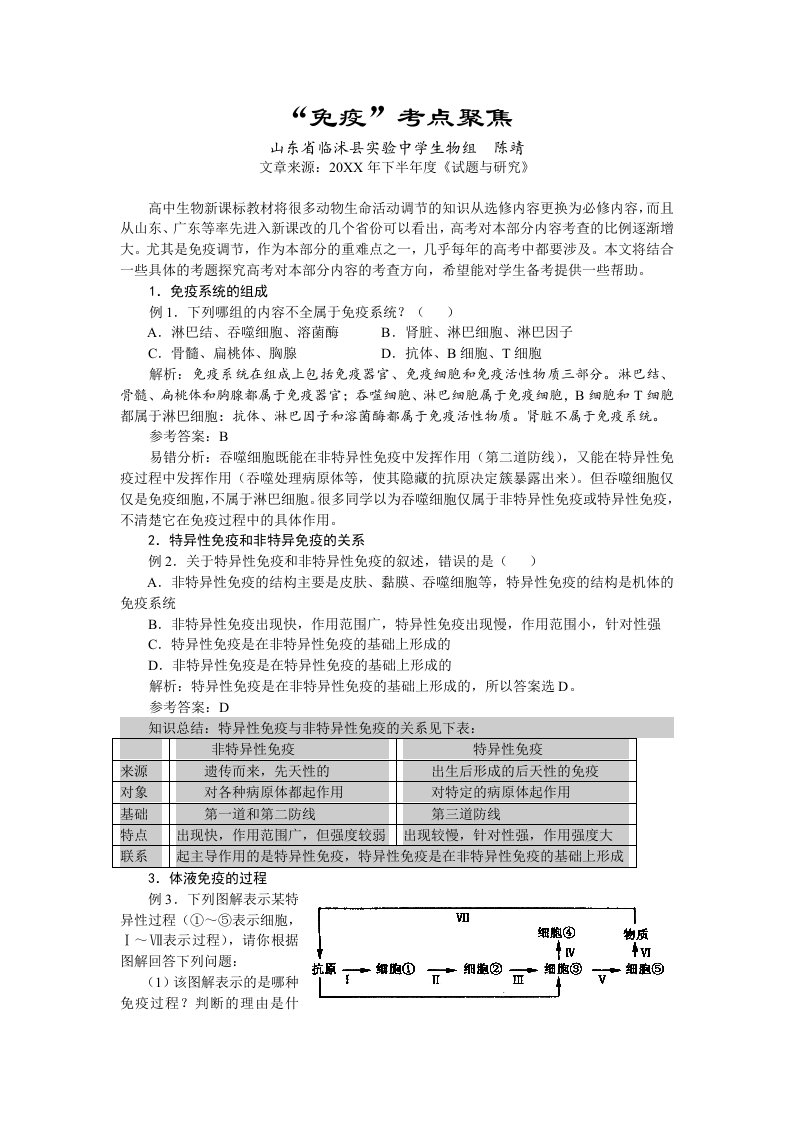 生物科技-免疫考点聚焦山东省临沭县实验中学生物组陈靖文章来源