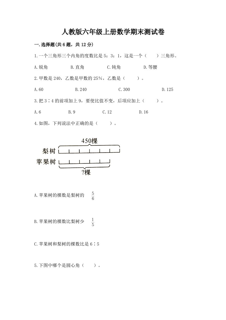 人教版六年级上册数学期末测试卷及完整答案【历年真题】