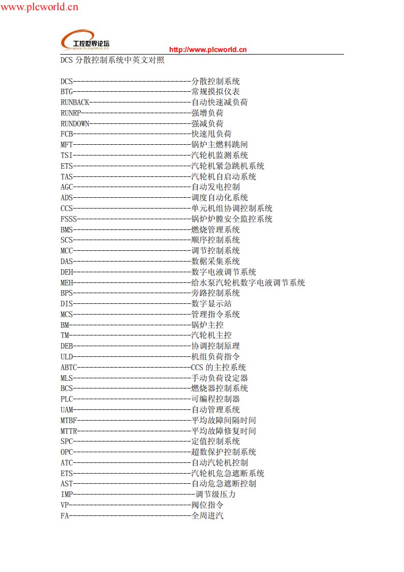 dcs集散控制系统中英文对照