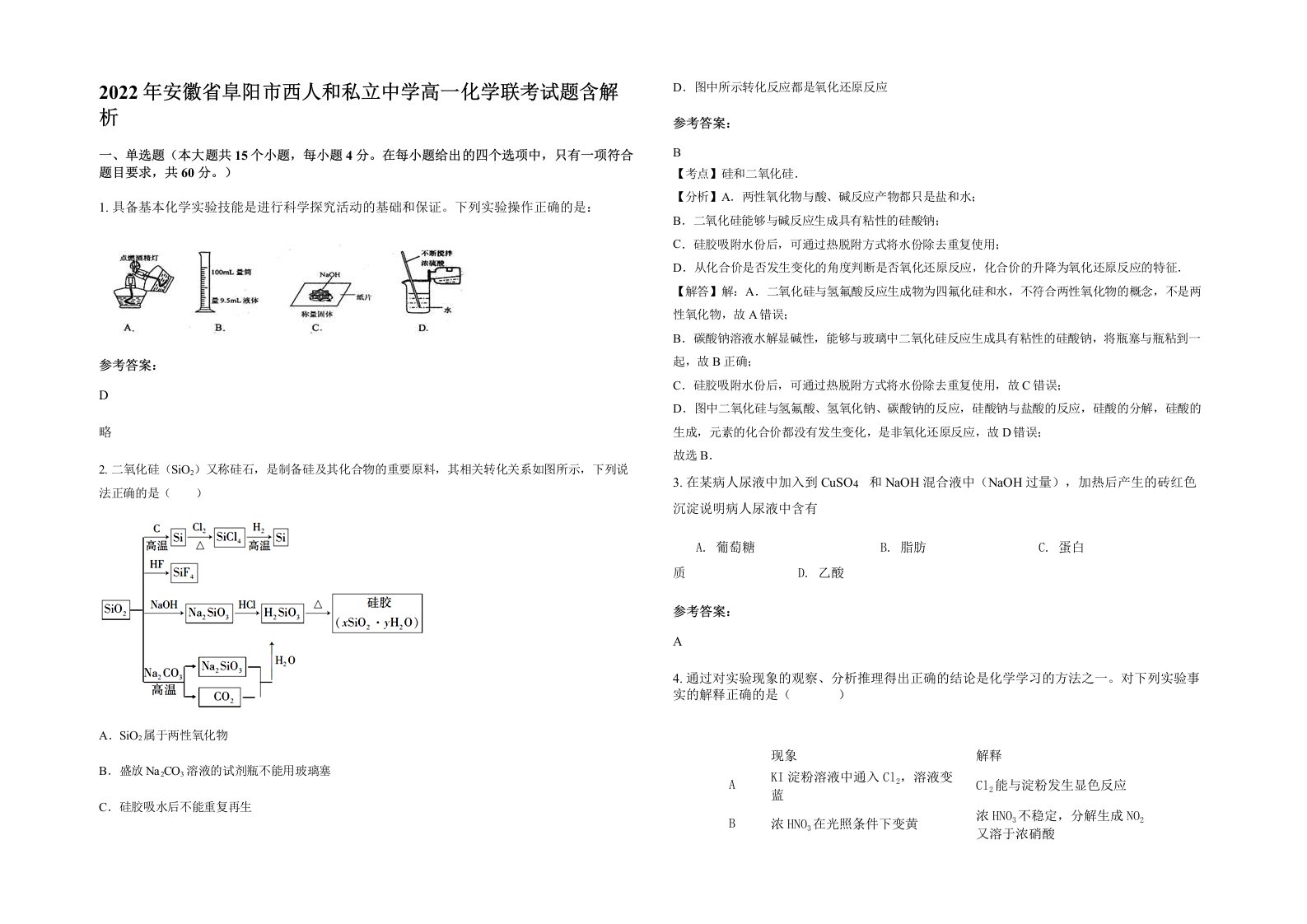 2022年安徽省阜阳市西人和私立中学高一化学联考试题含解析