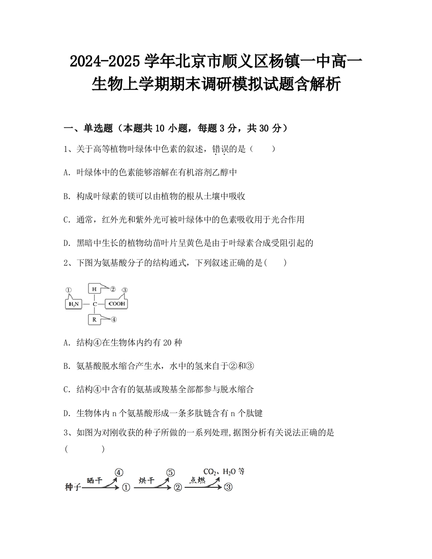 2024-2025学年北京市顺义区杨镇一中高一生物上学期期末调研模拟试题含解析