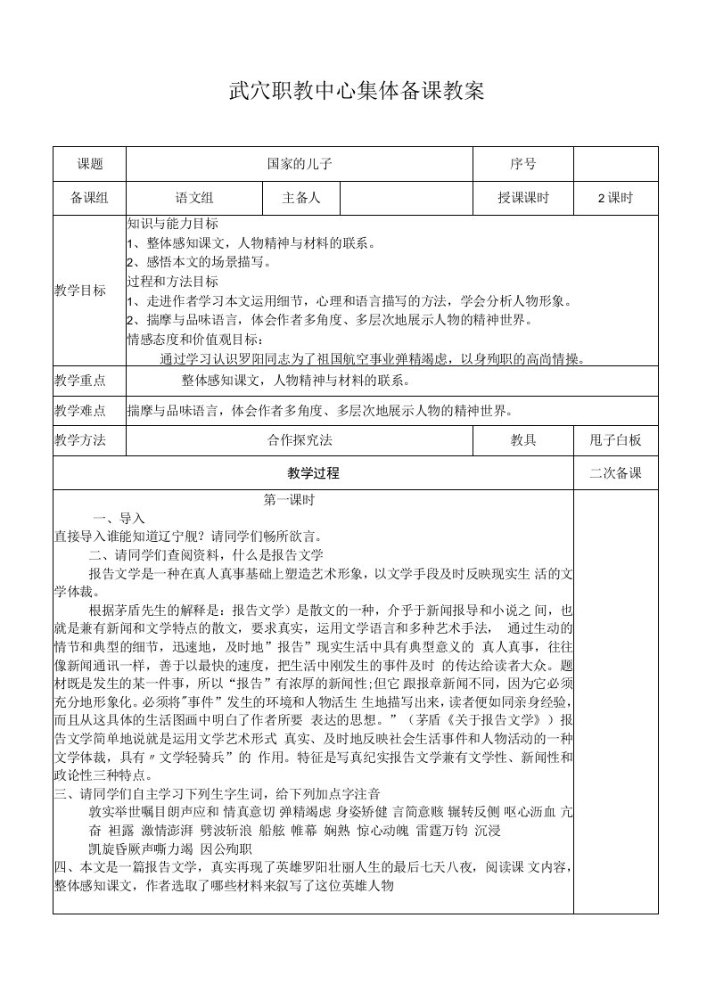 《国家的儿子》表格式教案