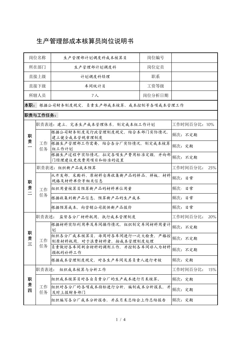 制鞋企业生产管理部成本核算员岗位说明书