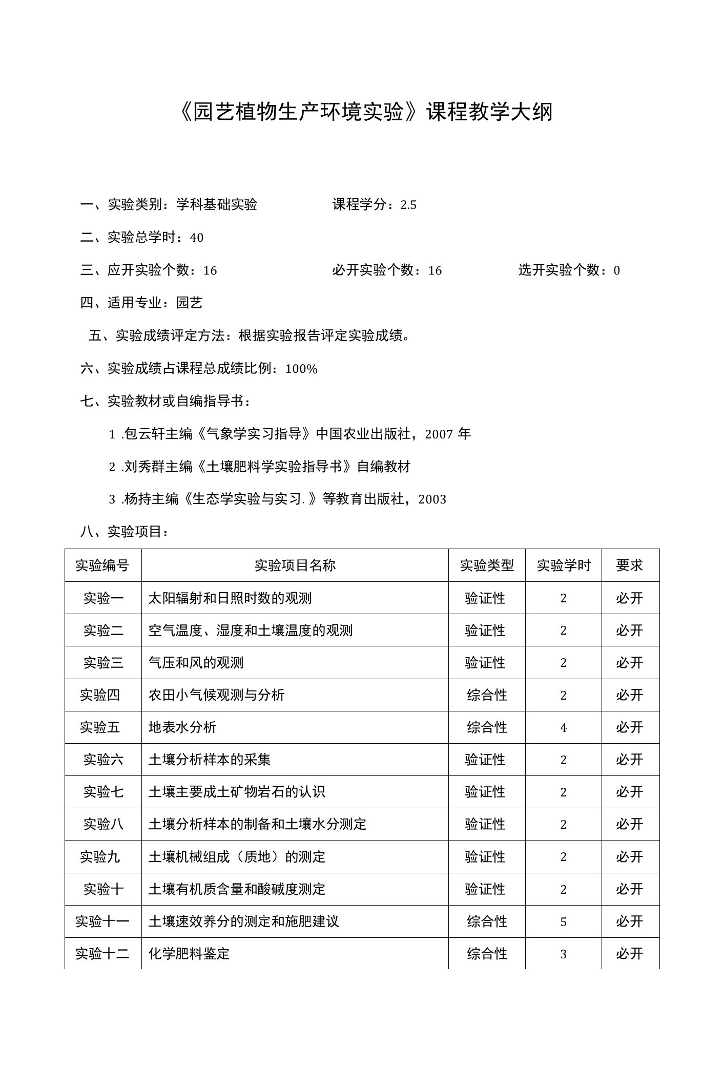 《园艺植物生产环境实验》课程教学大纲