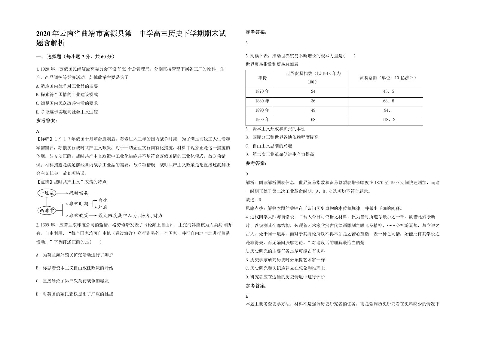 2020年云南省曲靖市富源县第一中学高三历史下学期期末试题含解析