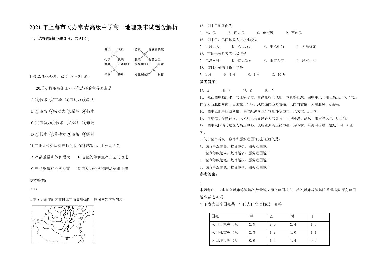 2021年上海市民办常青高级中学高一地理期末试题含解析