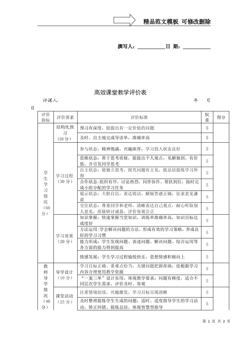 高效课堂教学评价表