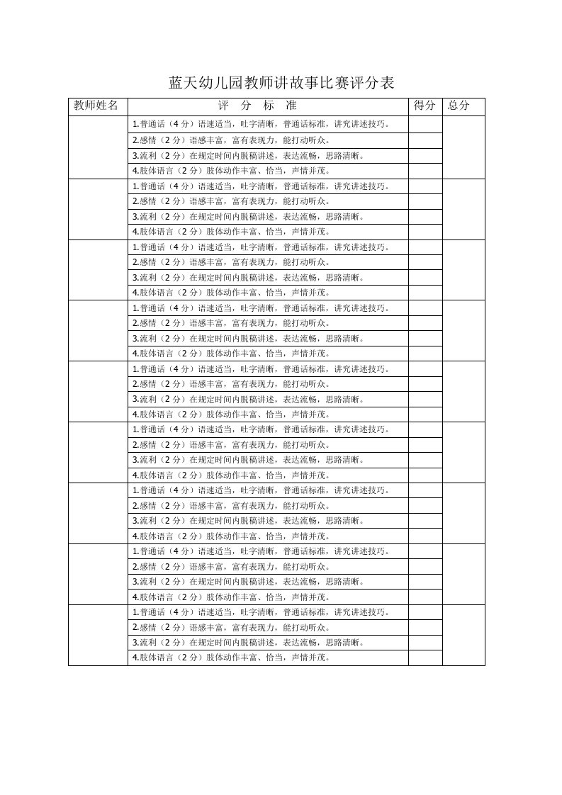 蓝天幼儿园教师讲故事比赛评分表