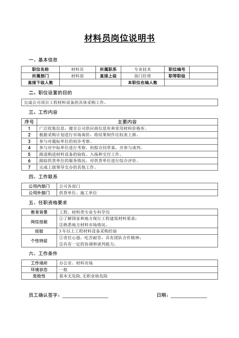 岗位职责-某房地产公司材料员岗位说明书