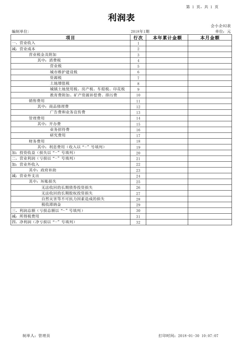 2018年最新版利润表