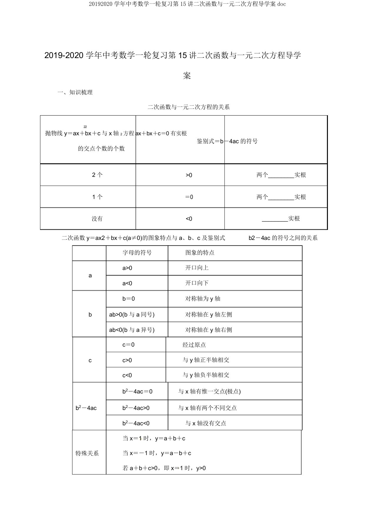 20192020学年中考数学一轮复习第15讲二次函数与一元二次方程导学案doc