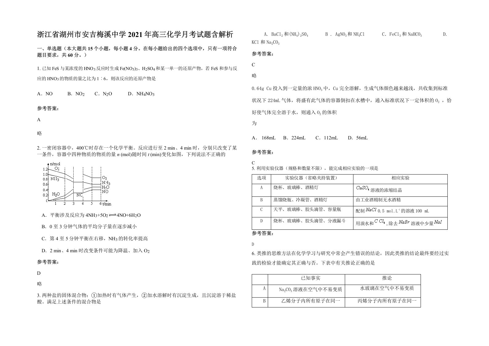 浙江省湖州市安吉梅溪中学2021年高三化学月考试题含解析