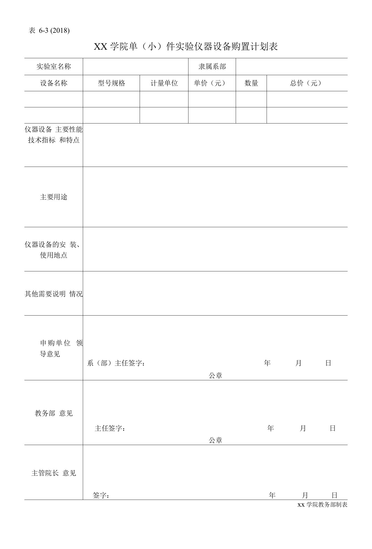 学院单（小）件实验仪器设备购置计划表