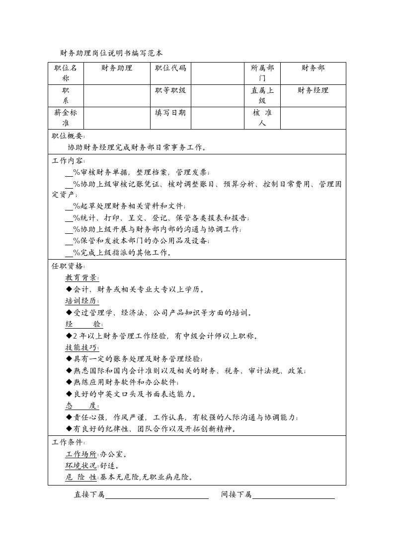 财务助理岗位说明书编写范本