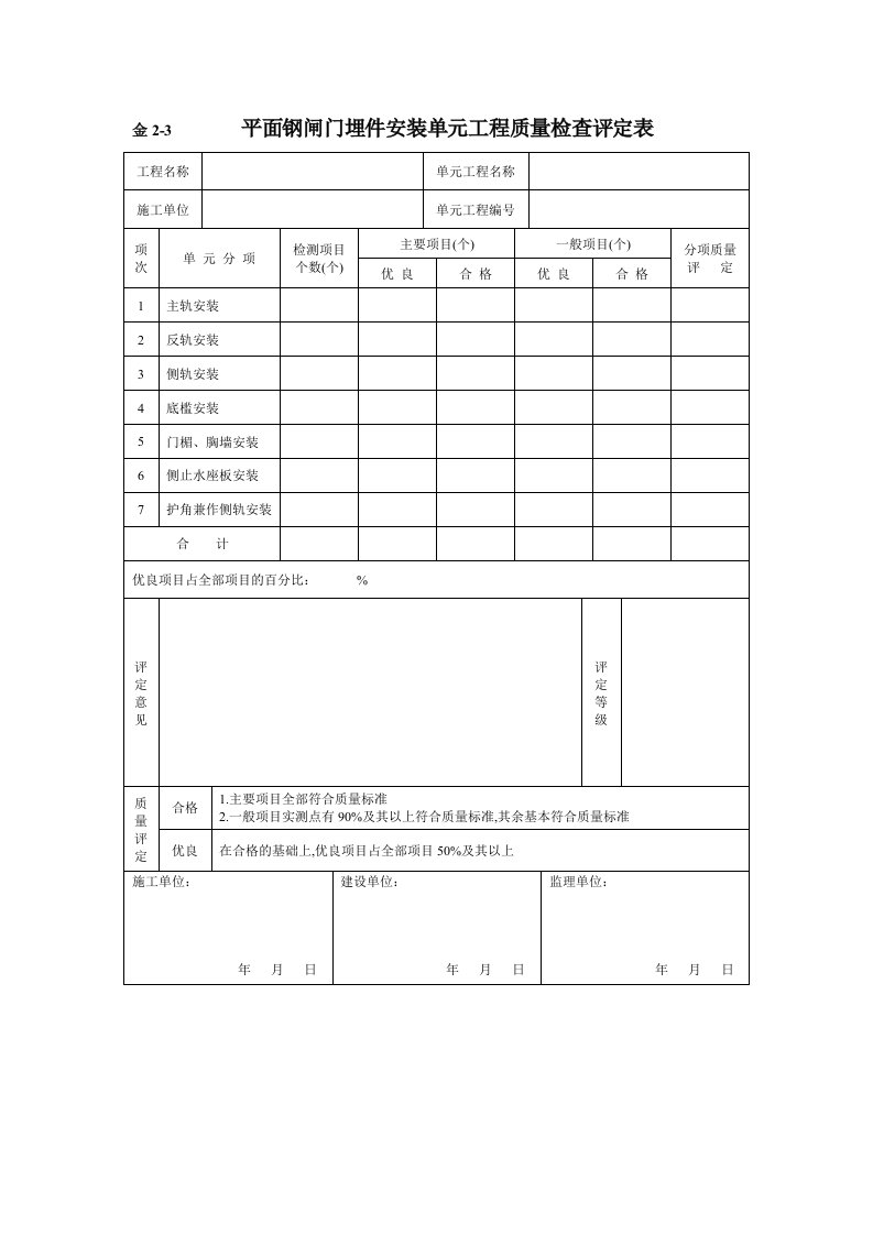 金2-3平面钢闸门埋件安装单元工程质量检查评定表