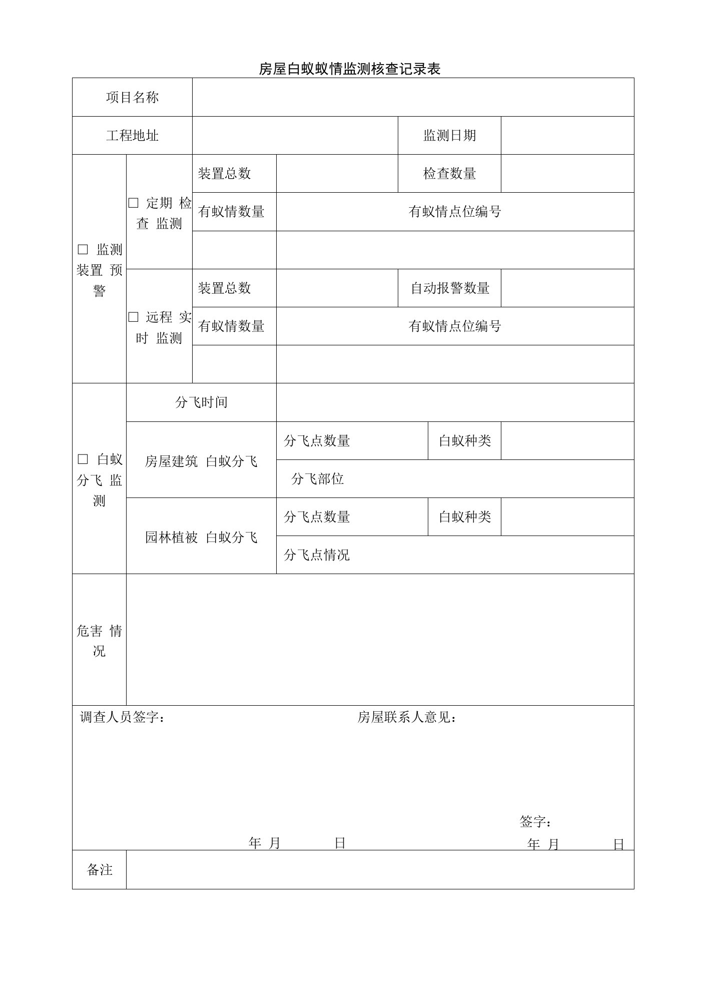 房屋白蚁蚁情监测核查记录表