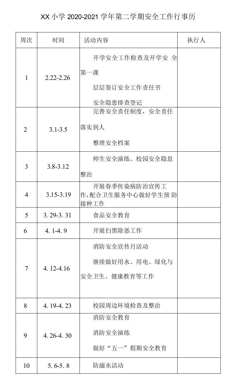 小学2021年春季学校安全工作行事历