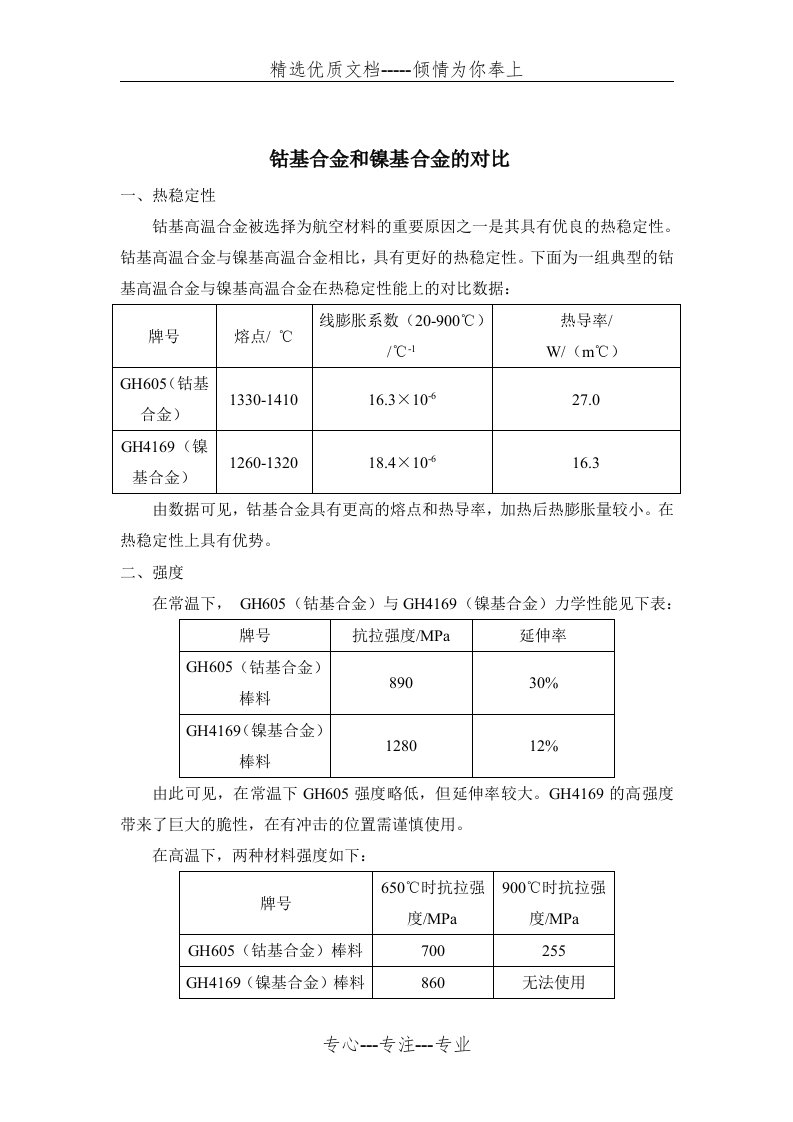 钴基合金和镍基合金的对比分析(共6页)