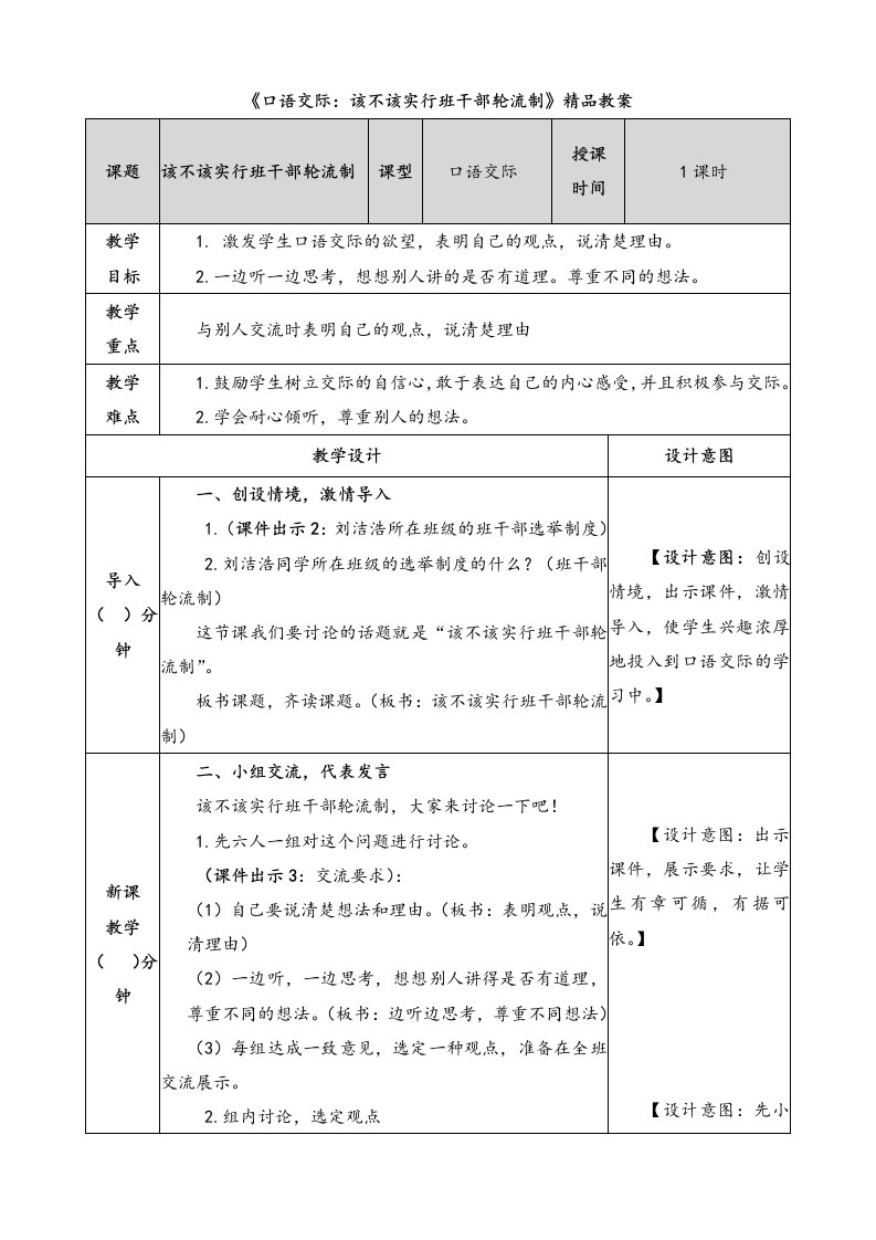 《口语交际：该不该实行班干部轮流制》精品教案