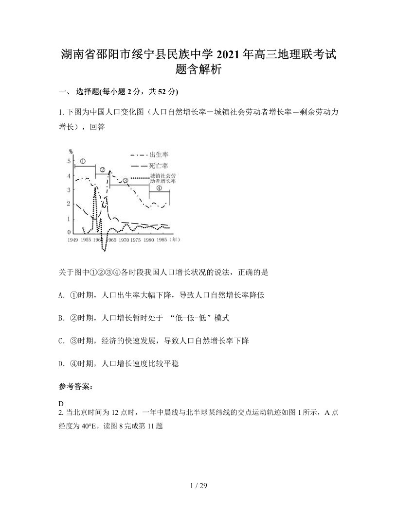 湖南省邵阳市绥宁县民族中学2021年高三地理联考试题含解析