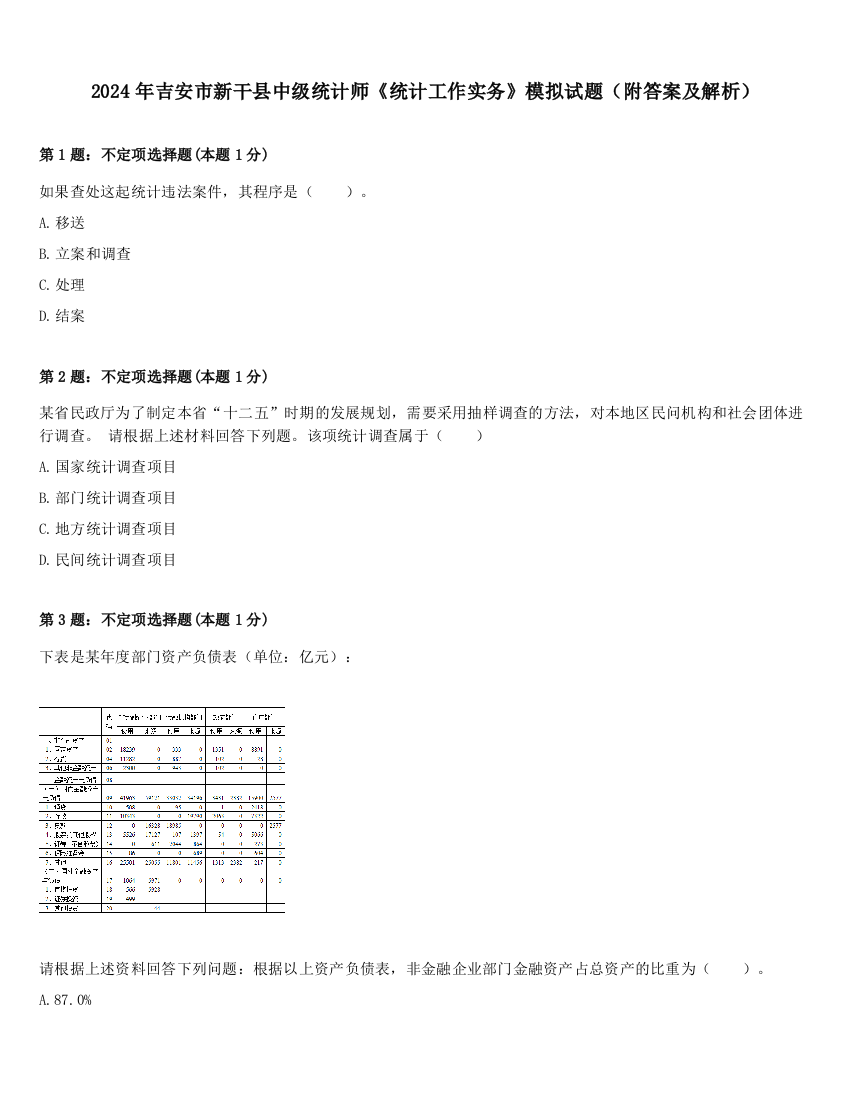 2024年吉安市新干县中级统计师《统计工作实务》模拟试题（附答案及解析）