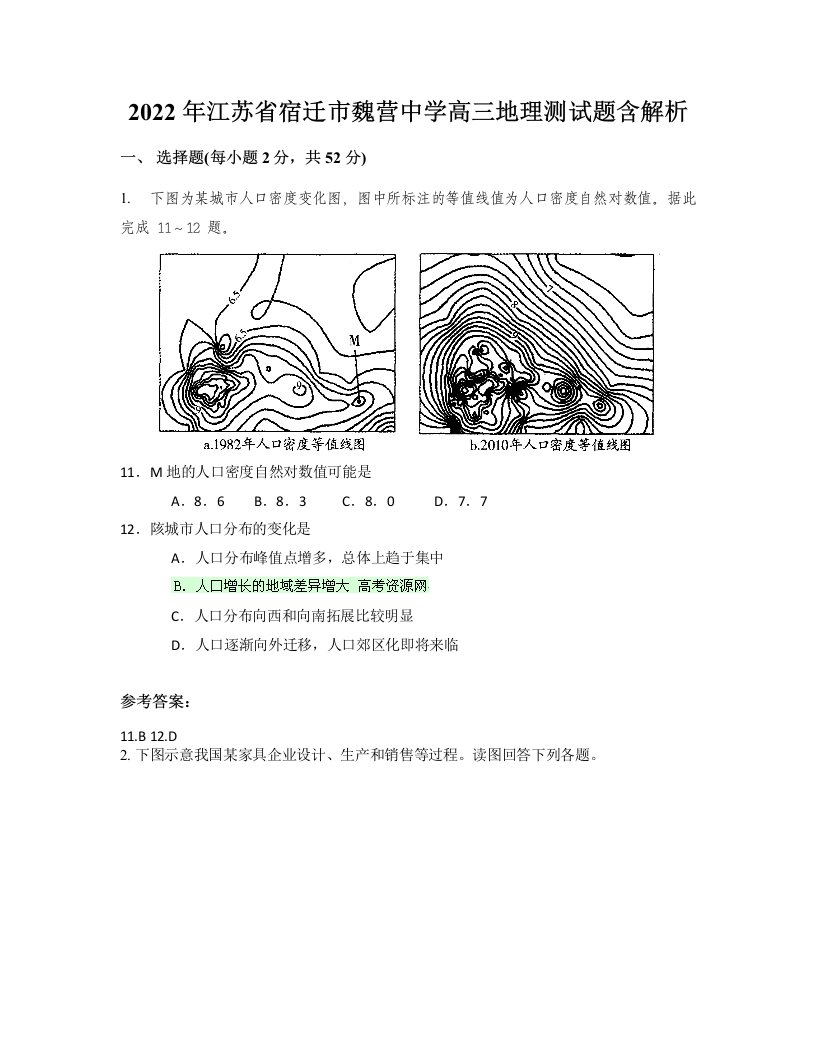 2022年江苏省宿迁市魏营中学高三地理测试题含解析