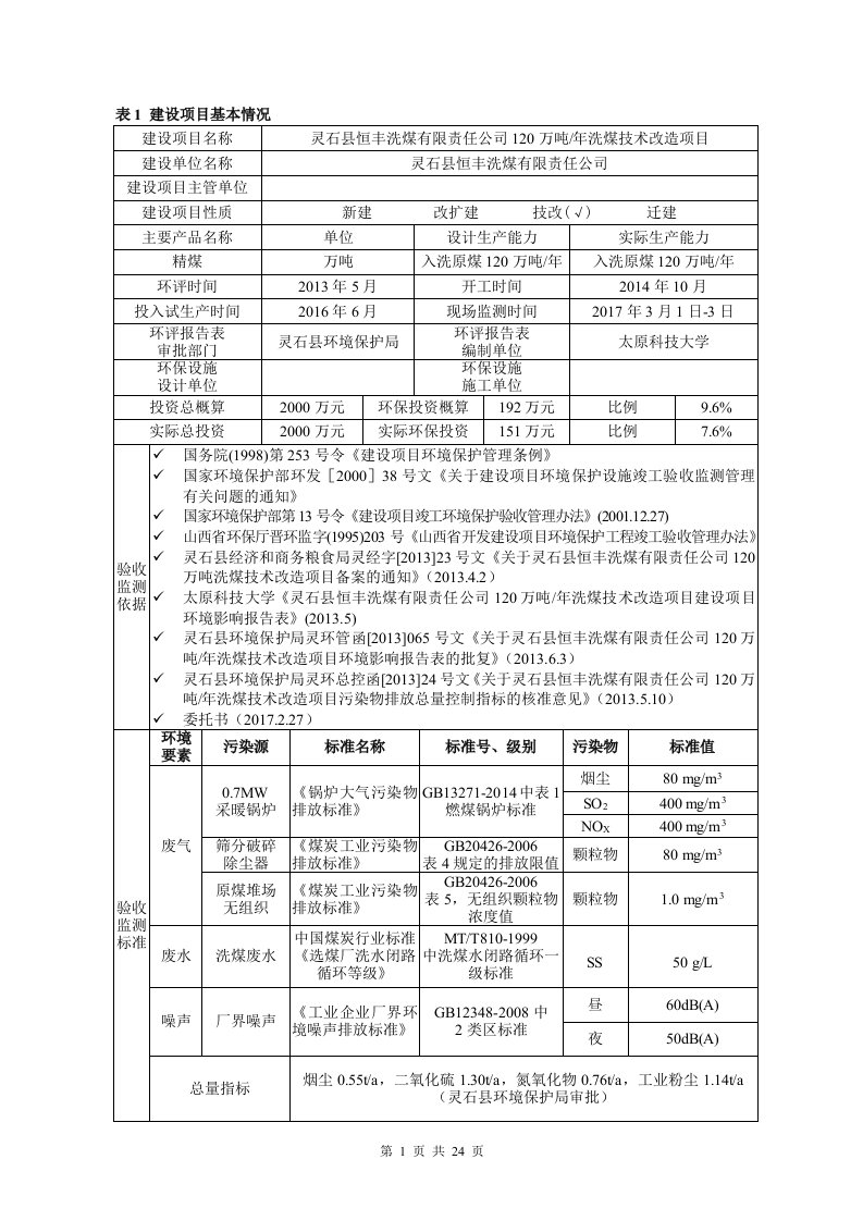 环境影响评价报告公示：120万吨年洗煤技术改造项目环评报告