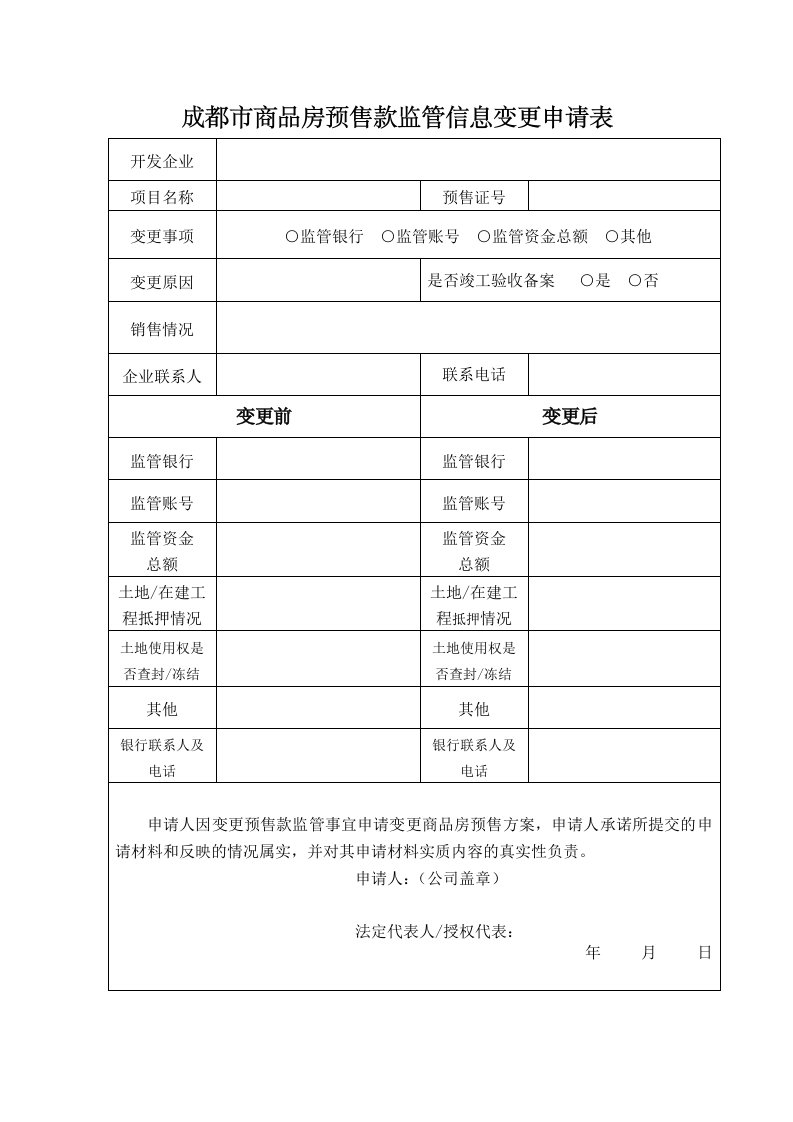 成都商品房预售款监管信息变更申请表