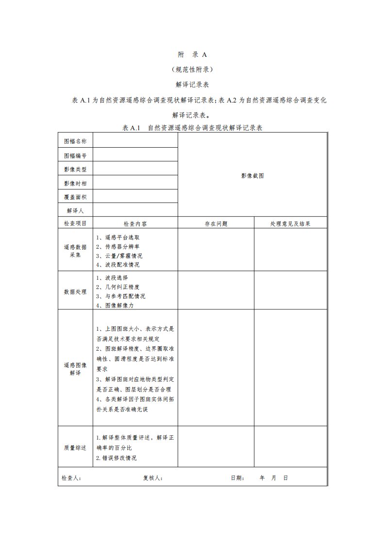 自然资源遥感综合调查解译、野外调查记录表、数据入库格式参考表、成果报告编写提纲