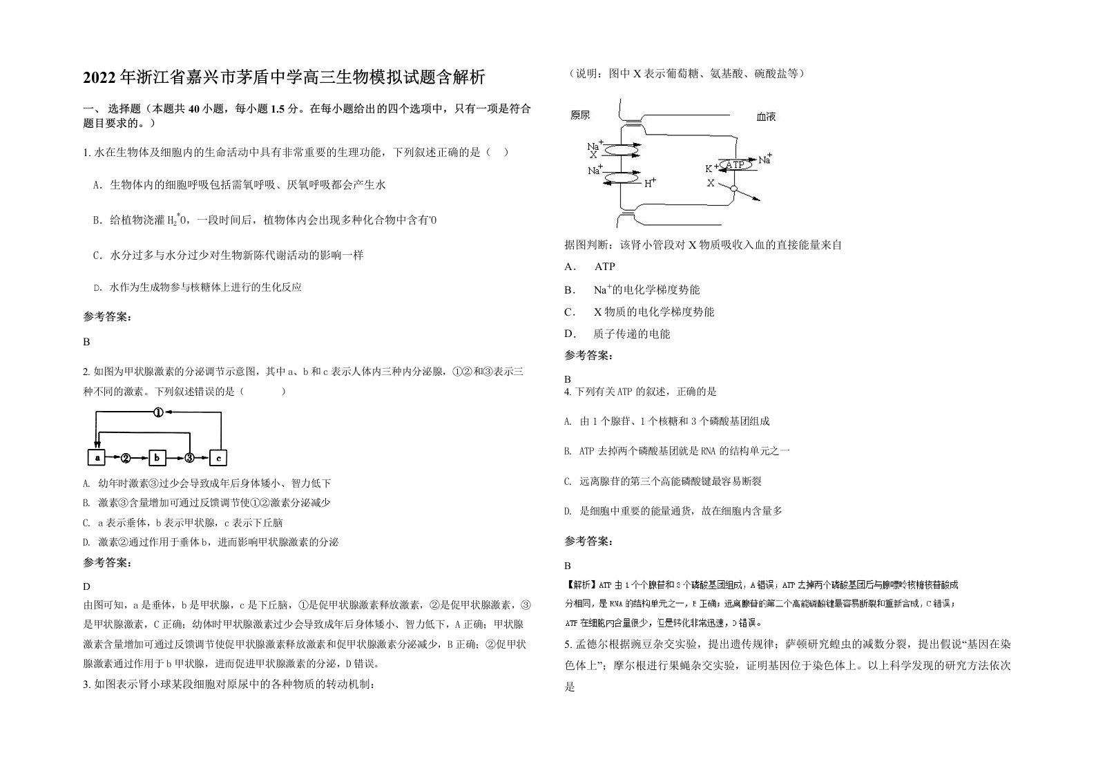 2022年浙江省嘉兴市茅盾中学高三生物模拟试题含解析