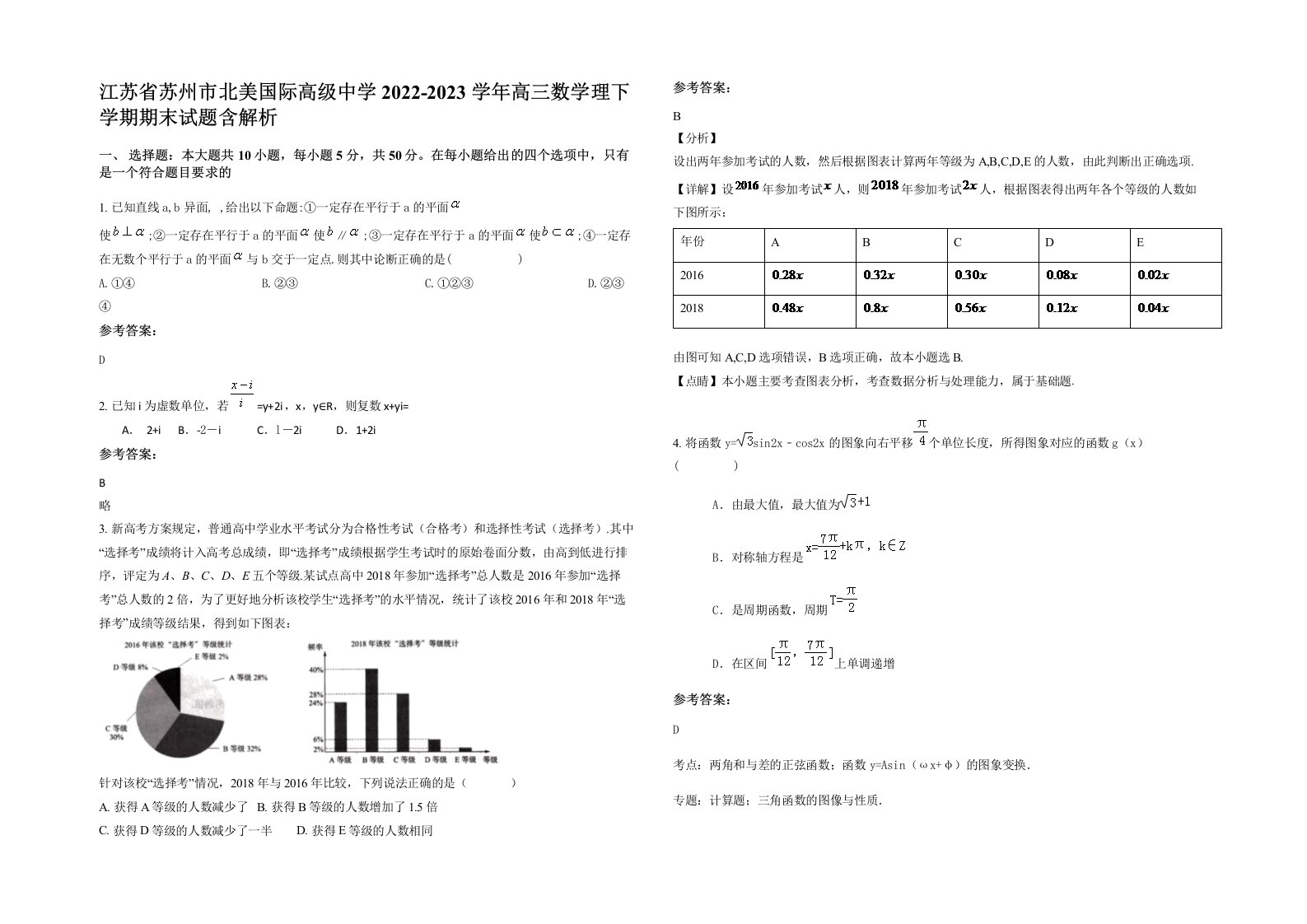 江苏省苏州市北美国际高级中学2022-2023学年高三数学理下学期期末试题含解析