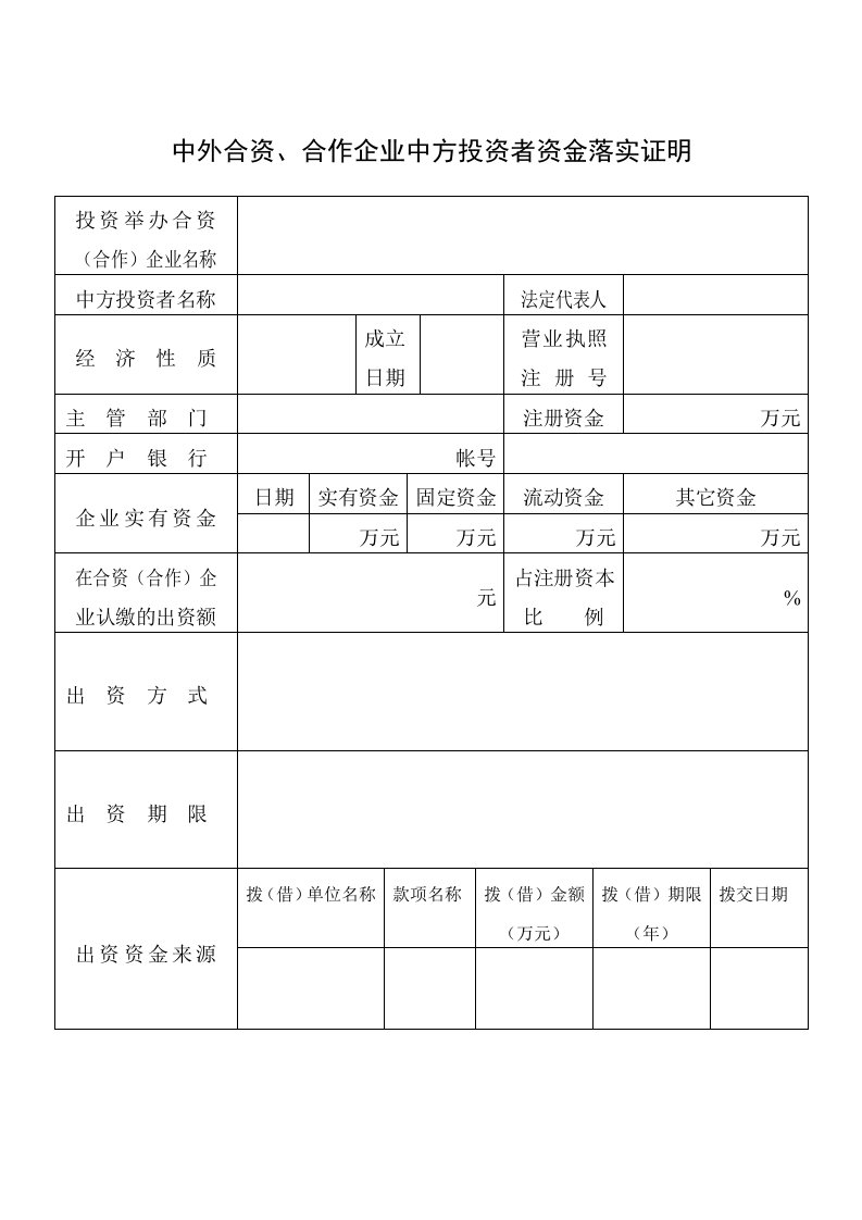 【管理精品】工商局业务表格--中外合资、合作企业中方投资者资金落实证明