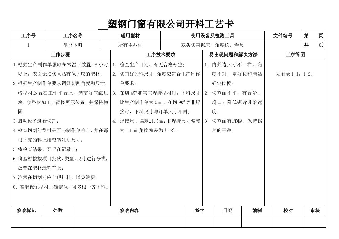 塑钢门窗生产工艺卡