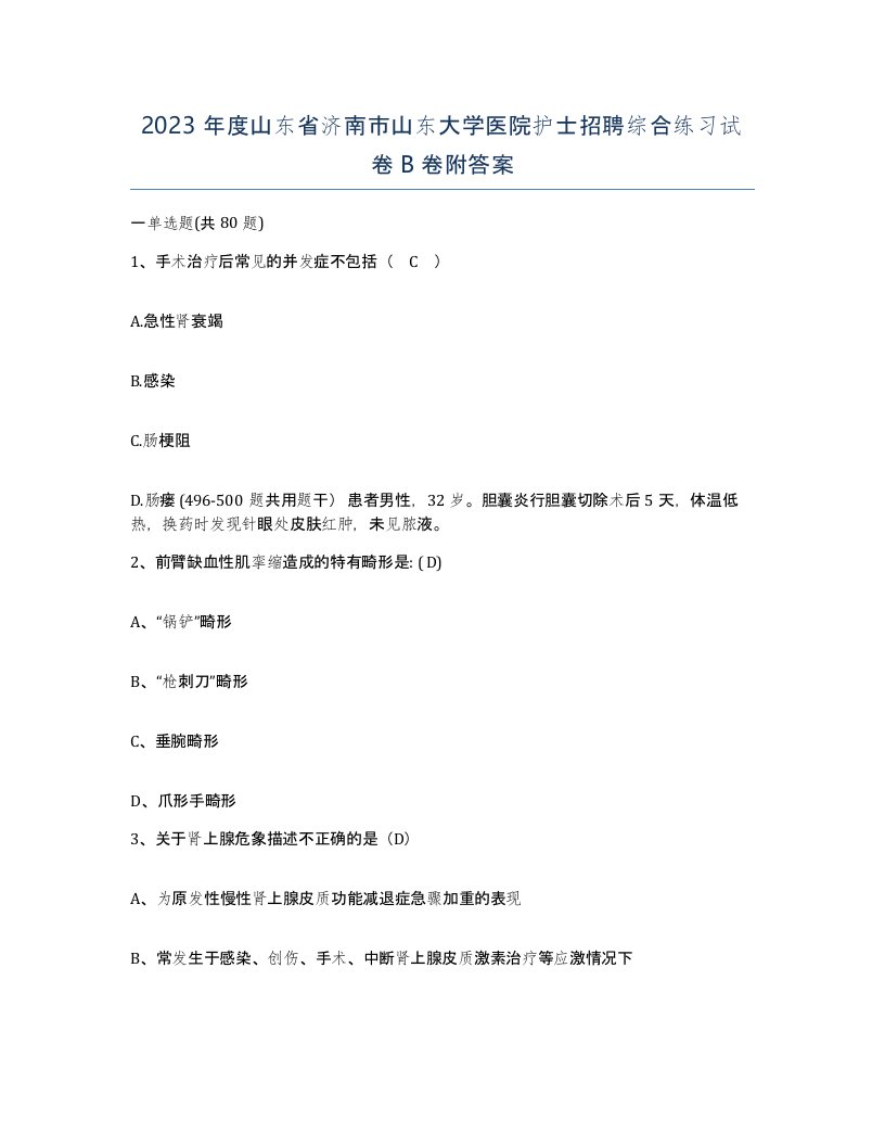 2023年度山东省济南市山东大学医院护士招聘综合练习试卷B卷附答案